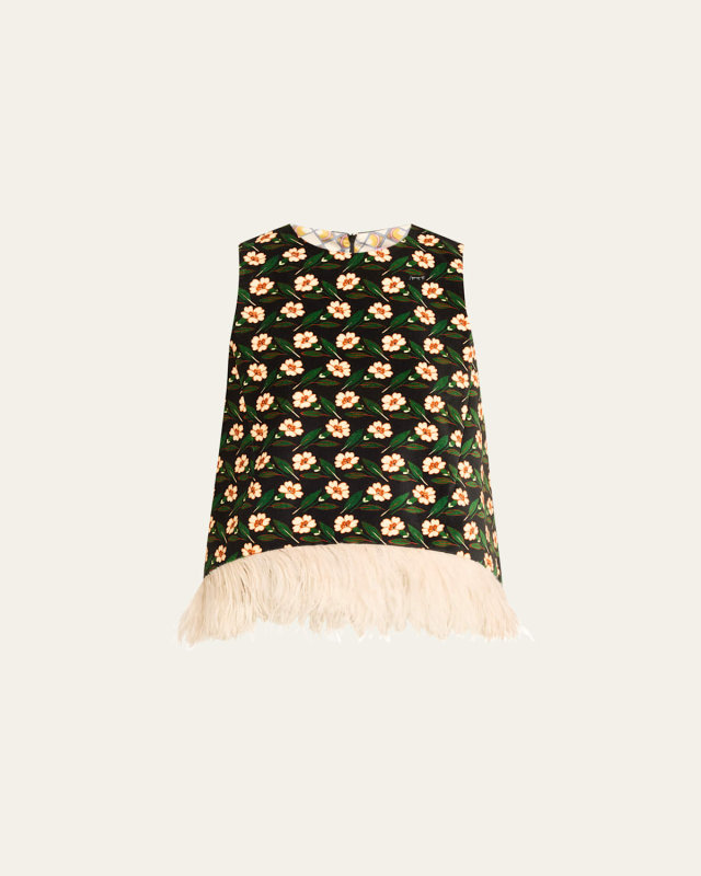 La Scala Iconic Feather-Trim Floral Velvet Top